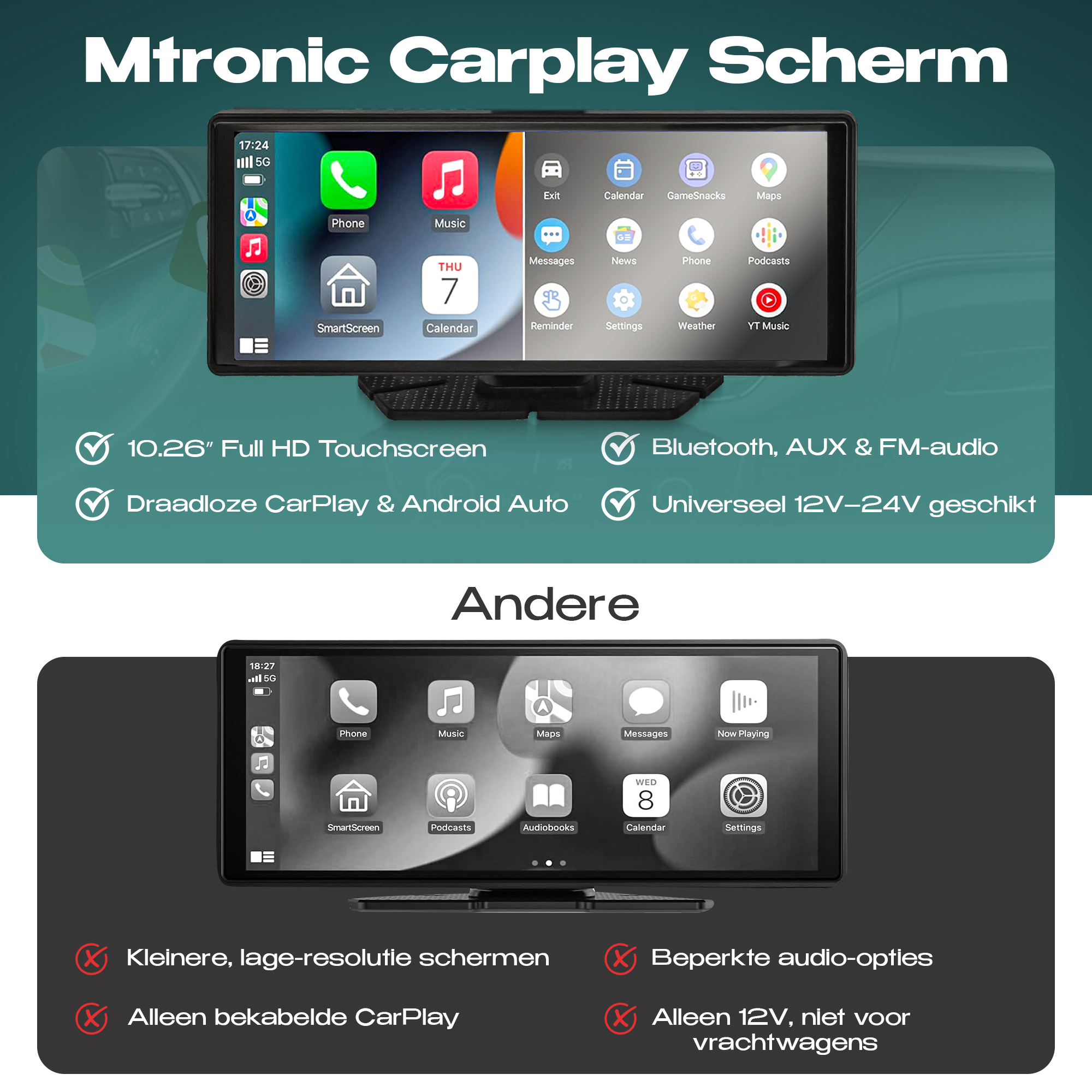 Mtronic® CarPlay Scherm 10.26 inch – 4K Display – Draadloos Android Auto – Dashcam + Achteruitrijcamera – Universeel Auto/Bus/Vrachtwagen - Afbeelding 8